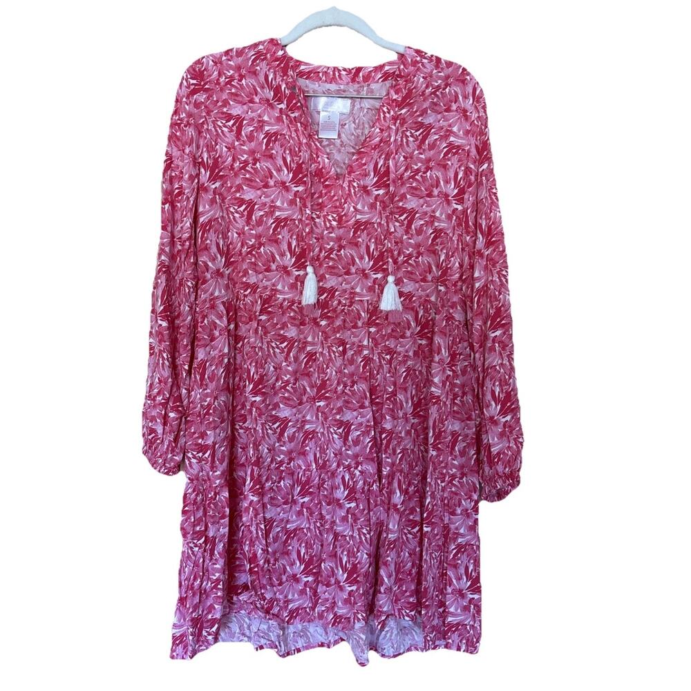 Stella Parker Dress Womens Size M Pink Floral Tiered Tassel Tie Long Sleeve Boho
